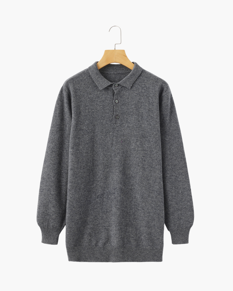 Men's Cashmere Long Sleeve Knit Polo with Button Placket - Light Grey