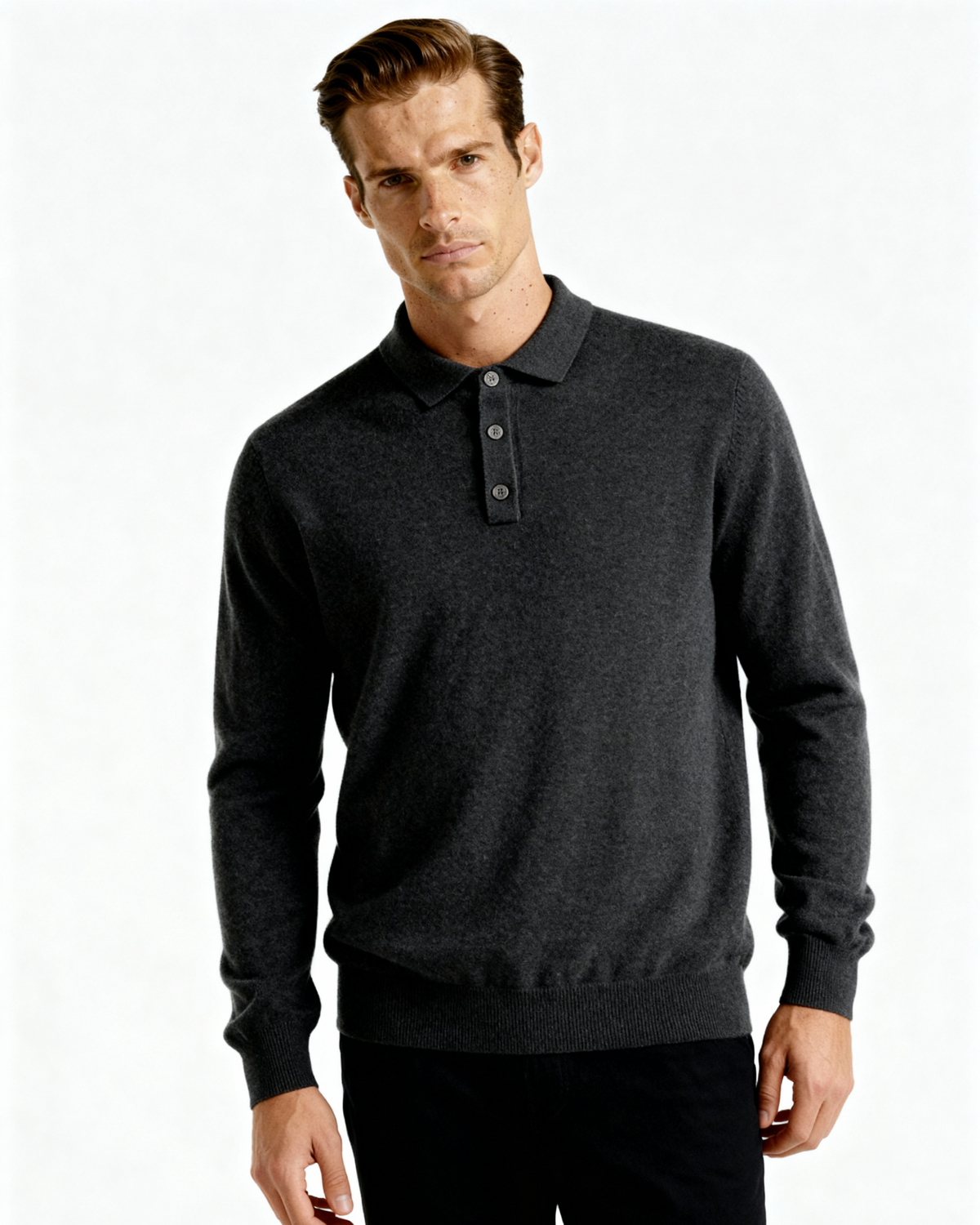 Men's Cashmere Long Sleeve Knit Polo with Button Placket