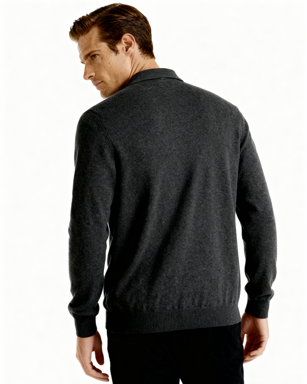 Men's Cashmere Long Sleeve Knit Polo with Button Placket