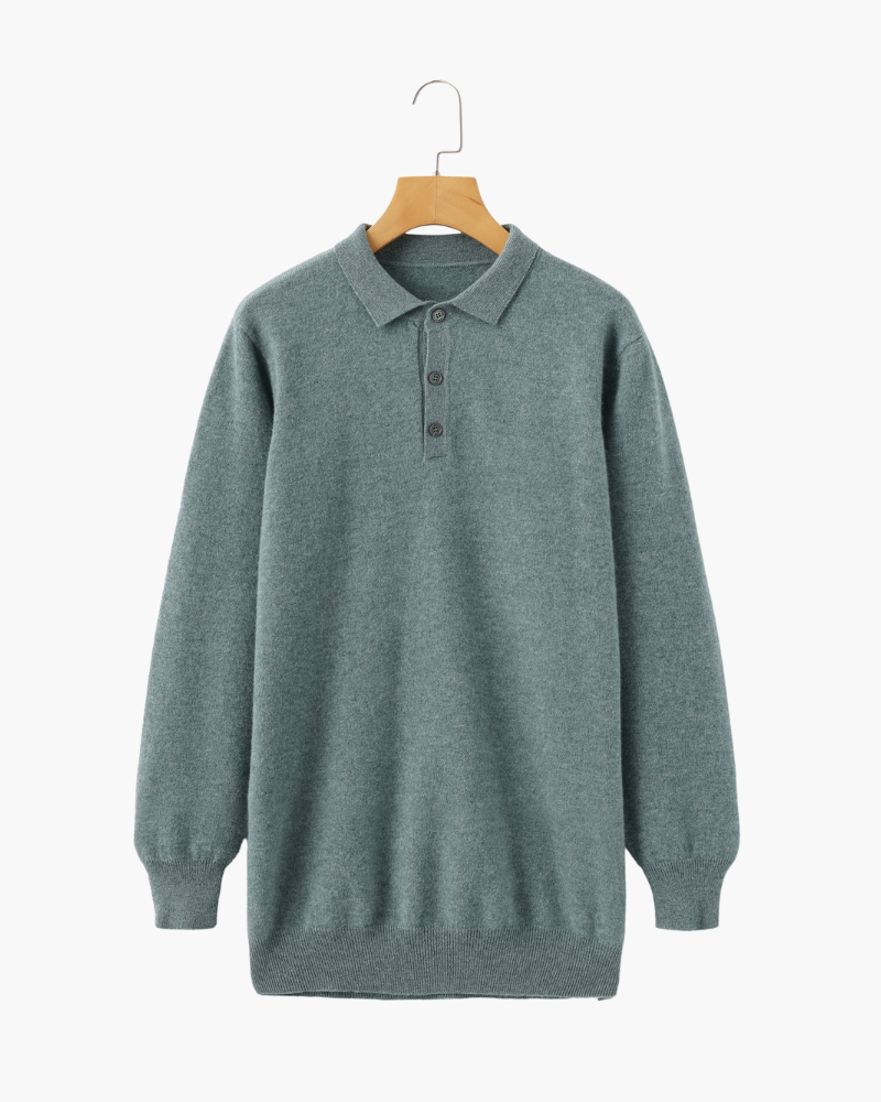 Men's Cashmere Long Sleeve Knit Polo with Button Placket - Green