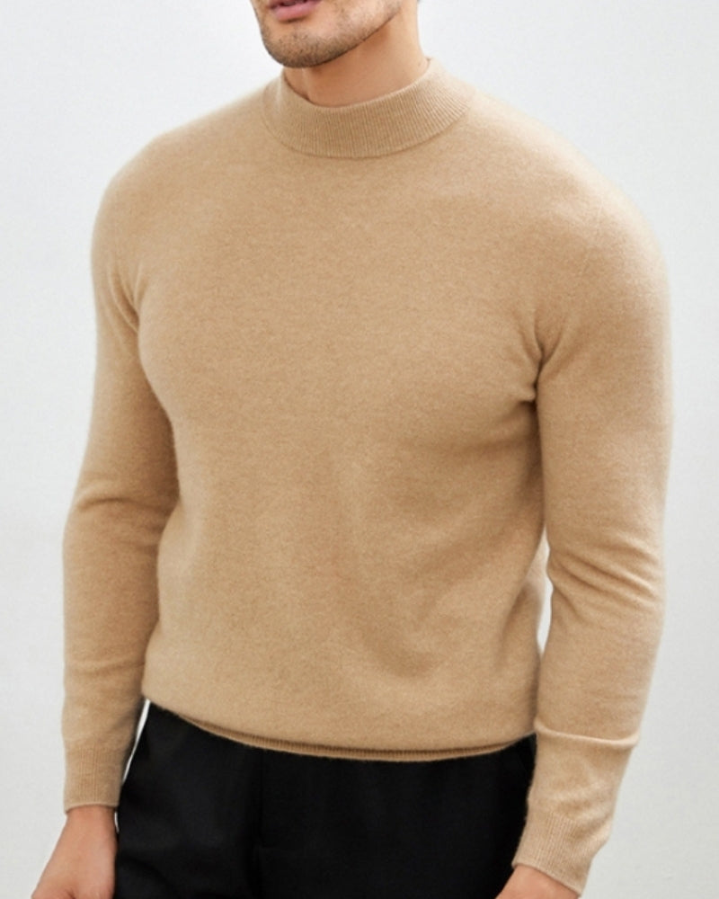 Men's Cashmere Wool Blend Roll Neck Jumper with Slim Fit - Beige
