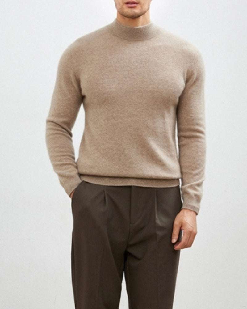 Men's Cashmere Wool Blend Roll Neck Jumper with Slim Fit - Brown