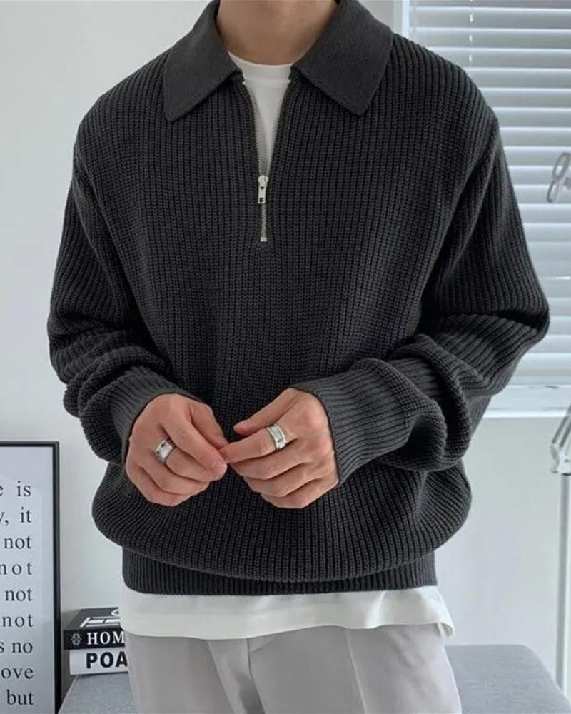 Men's Chunky Rib Knit Half-Zip Jumper with Mock Collar