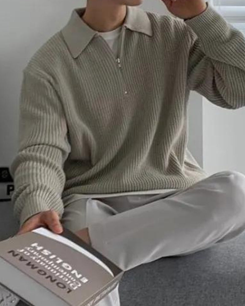Men's Chunky Rib Knit Half-Zip Jumper with Mock Collar