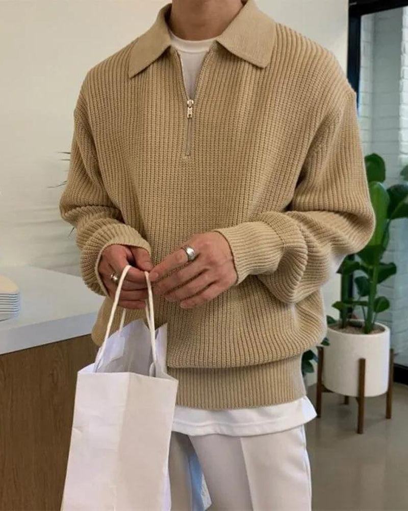 Men's Chunky Rib Knit Half-Zip Jumper with Mock Collar