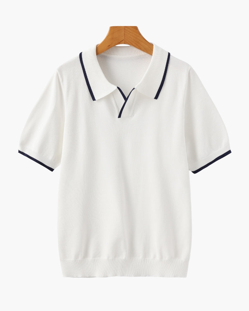 Men's Contrast Tipped Polo with Open Collar and Short Sleeves - White