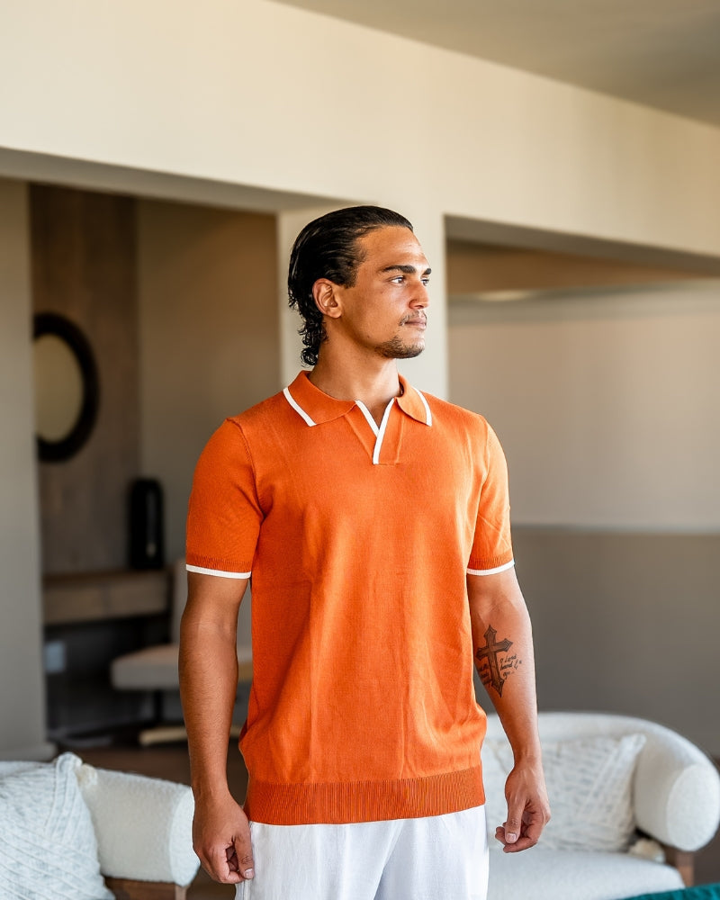 Men's Contrast Tipped Polo with Open Collar and Short Sleeves