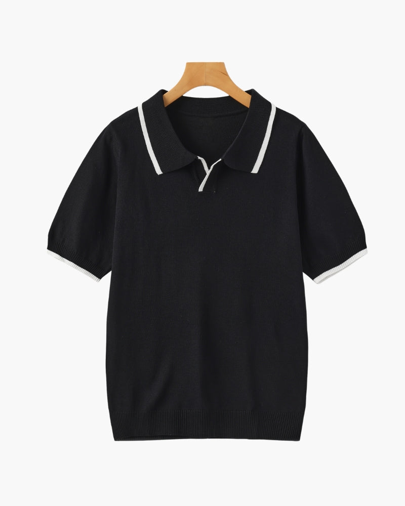 Men's Contrast Tipped Polo with Open Collar and Short Sleeves - Black