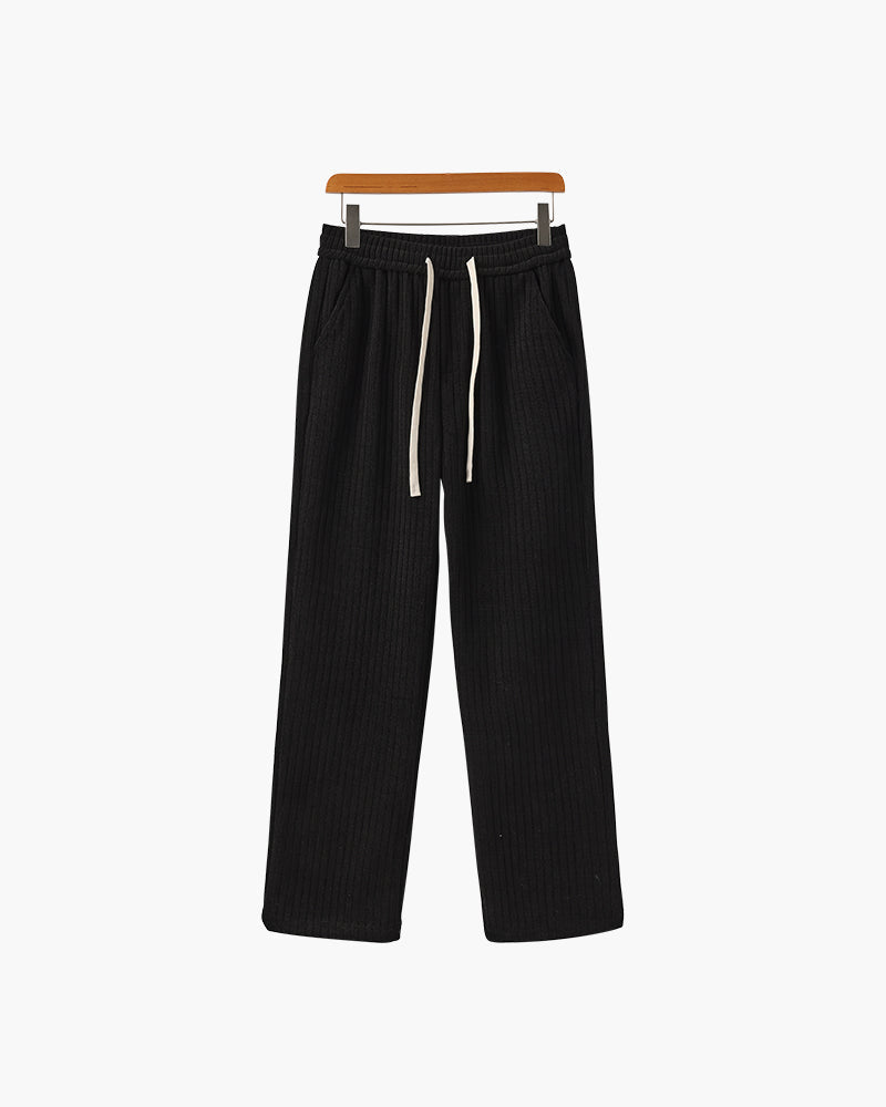 Men's Corduroy Trousers with Drawstring Waist and Straight Leg - Black