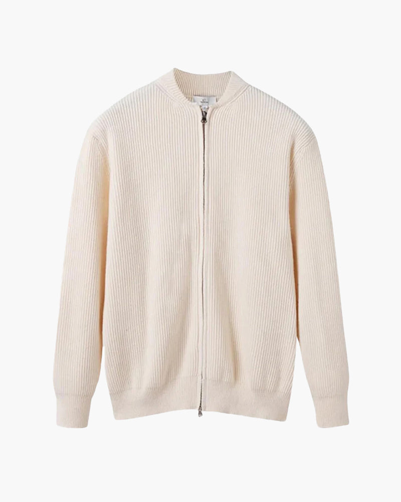 Men's Cotton Rib Knit Zip Cardigan with Stand Collar - Nude
