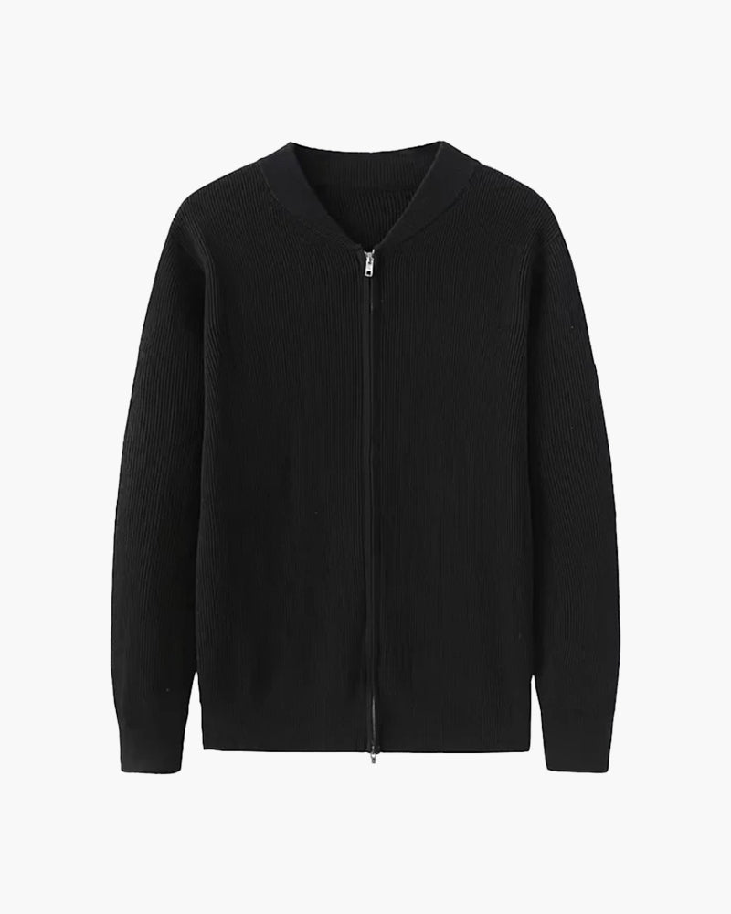 Men's Cotton Rib Knit Zip Cardigan with Stand Collar - Black
