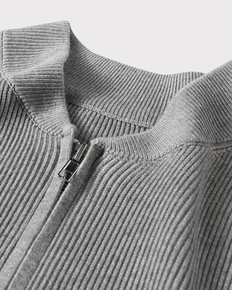 Men's Cotton Rib Knit Zip Cardigan with Stand Collar