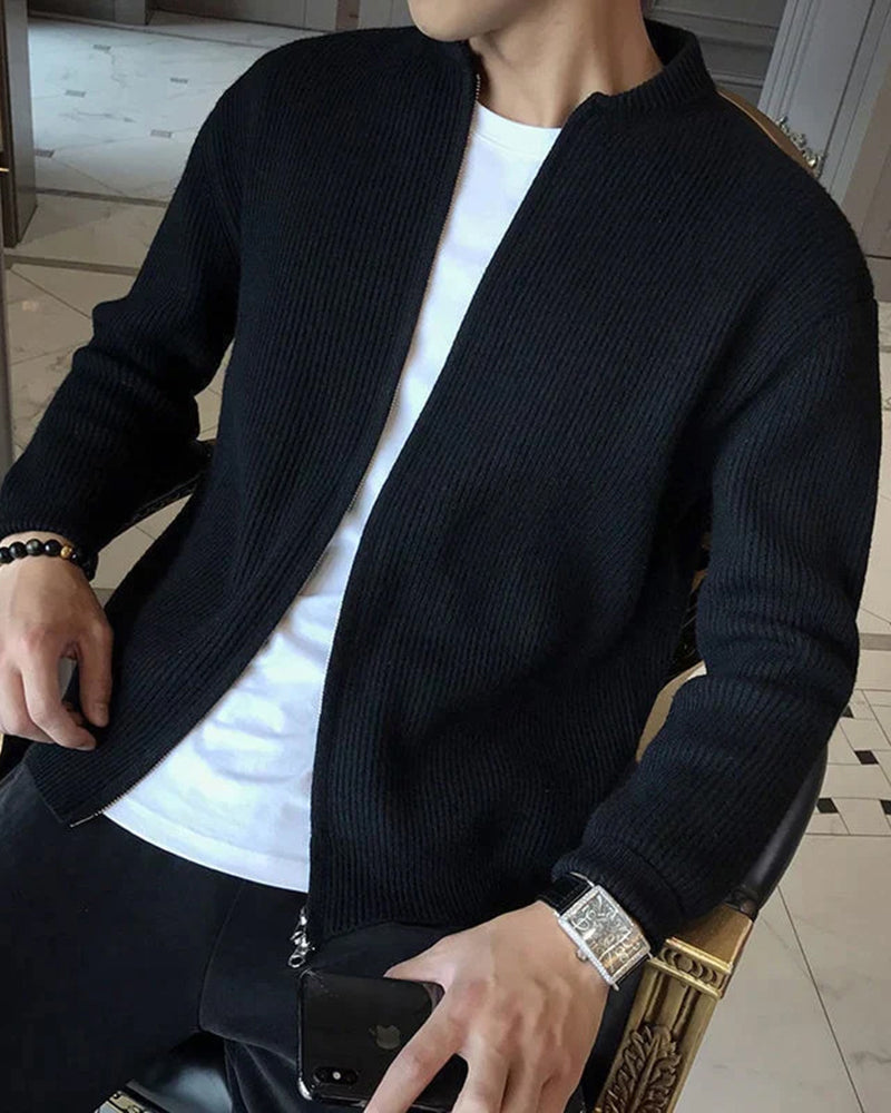Men's Cotton Rib Knit Zip Cardigan with Stand Collar