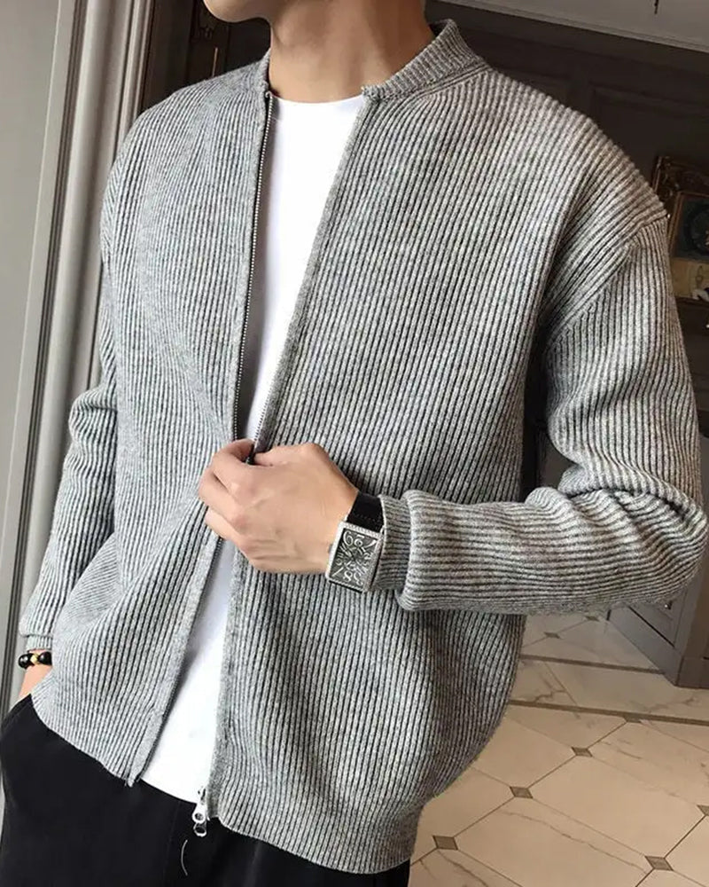 Men's Cotton Rib Knit Zip Cardigan with Stand Collar