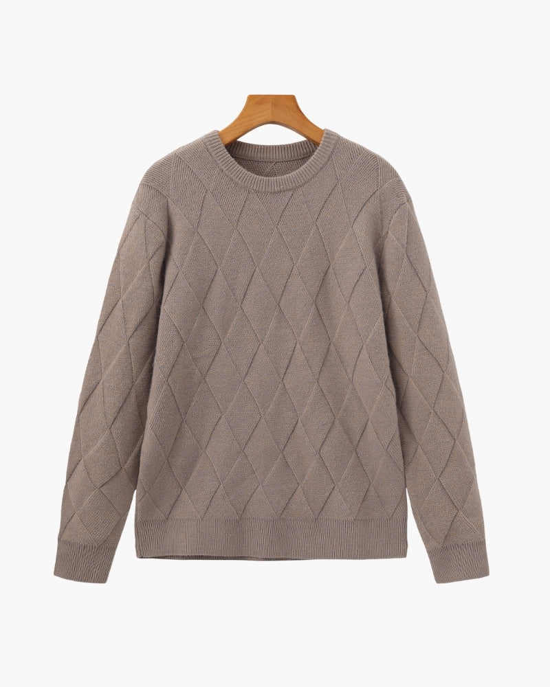 Men's Diamond Knit Crew Neck Jumper with Ribbed Trims - Mocha