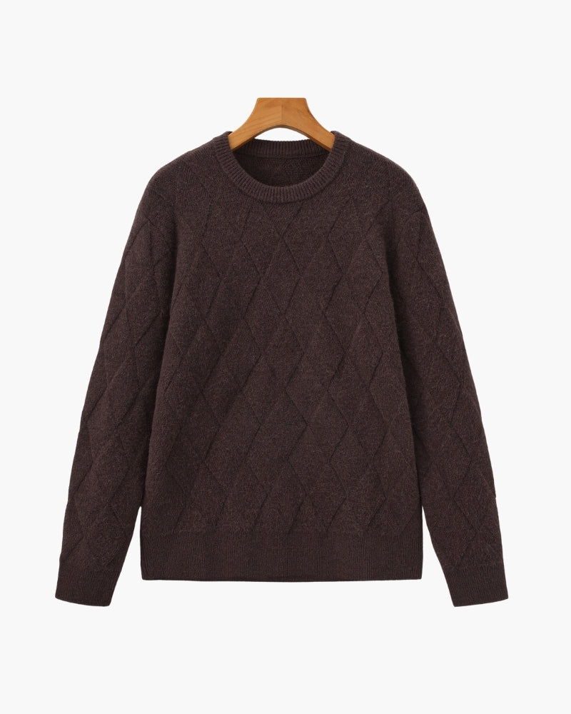 Men's Diamond Knit Crew Neck Jumper with Ribbed Trims - Dark Brown
