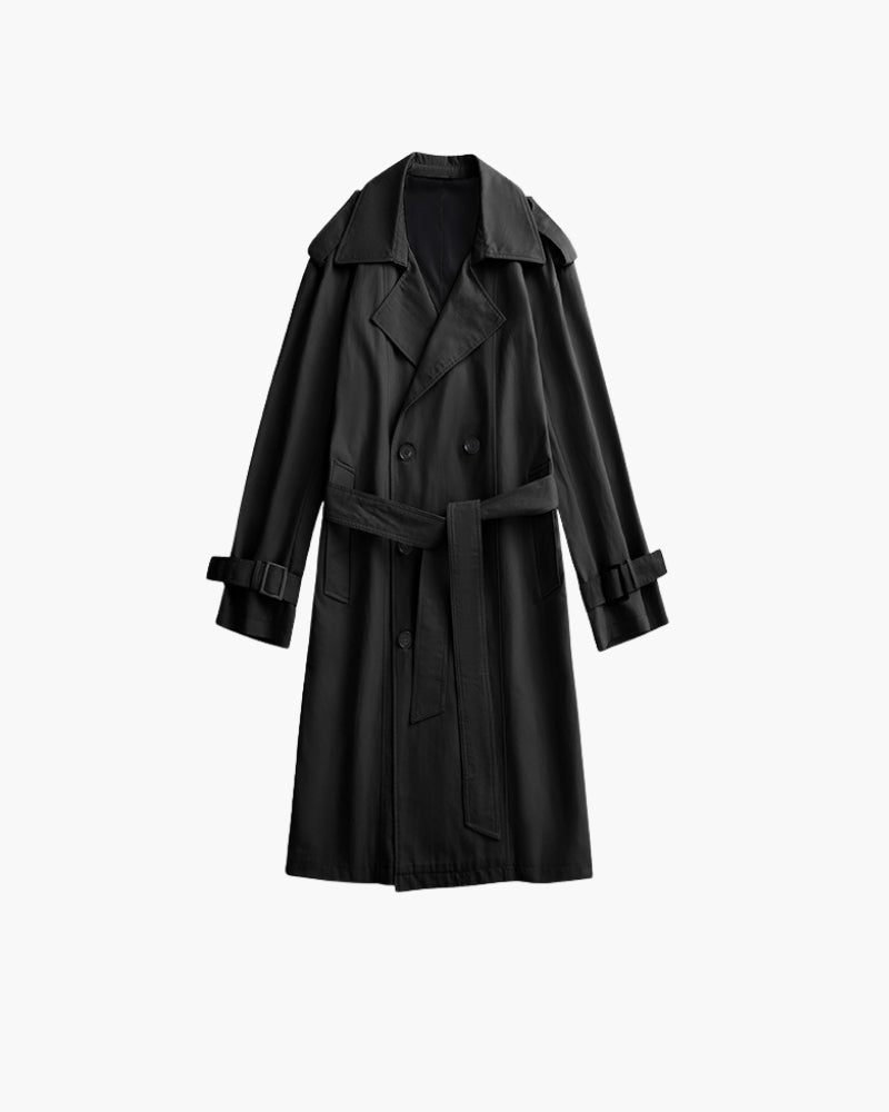 Men's Double-Breasted Belted Trench Coat with Storm Flap - Black