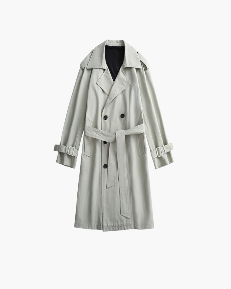 Men's Double-Breasted Belted Trench Coat with Storm Flap - Green
