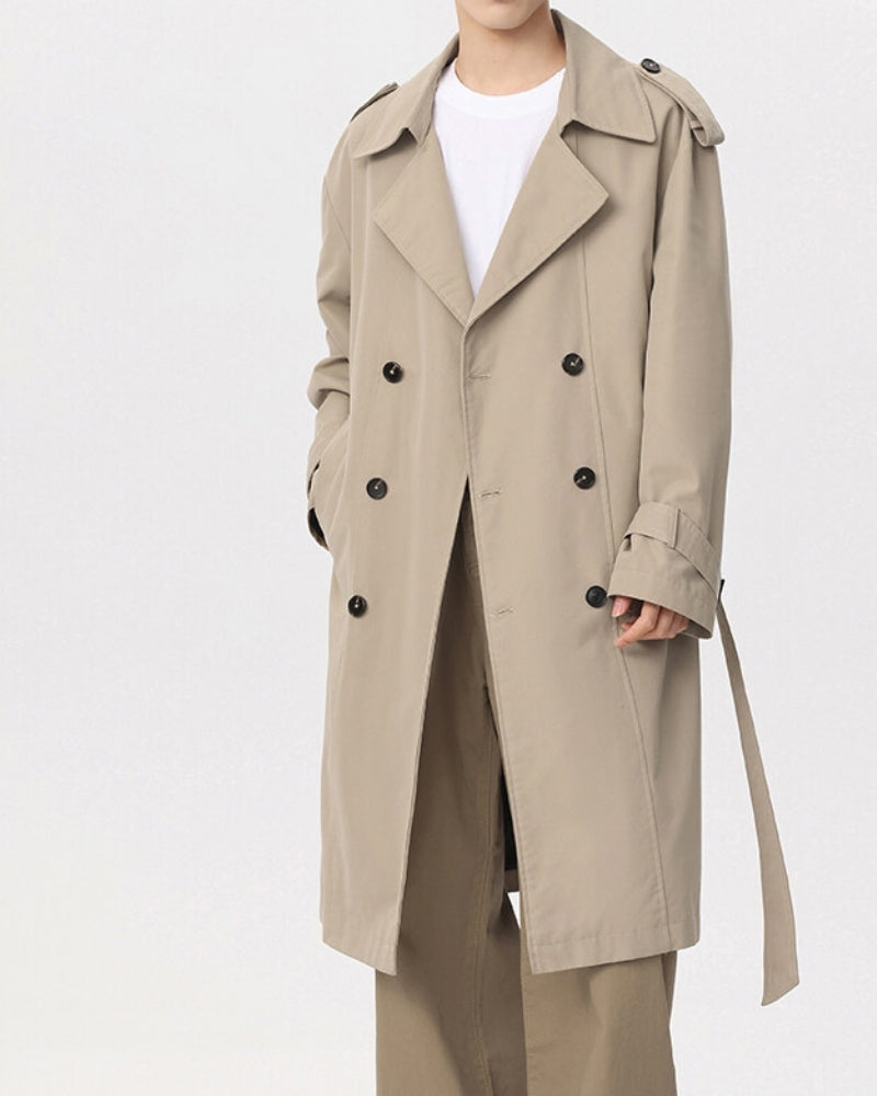 Men's Double-Breasted Belted Trench Coat with Storm Flap - Beige
