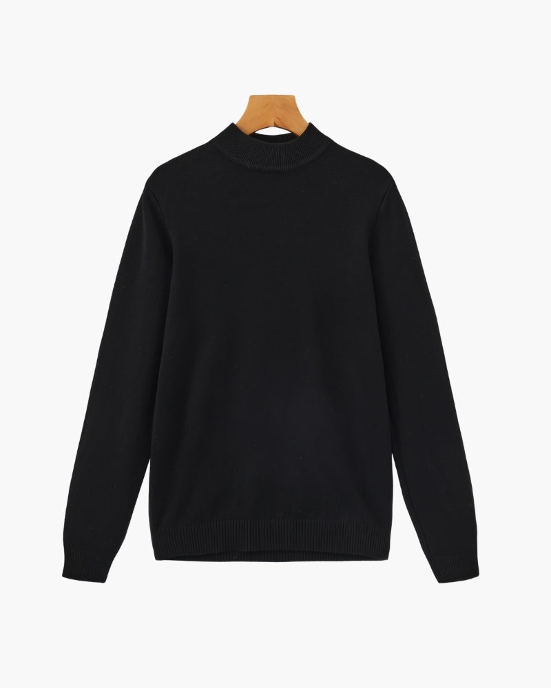 Men's Fine Rib Mock Neck Jumper with Slim Fit and Long Sleeves - Black