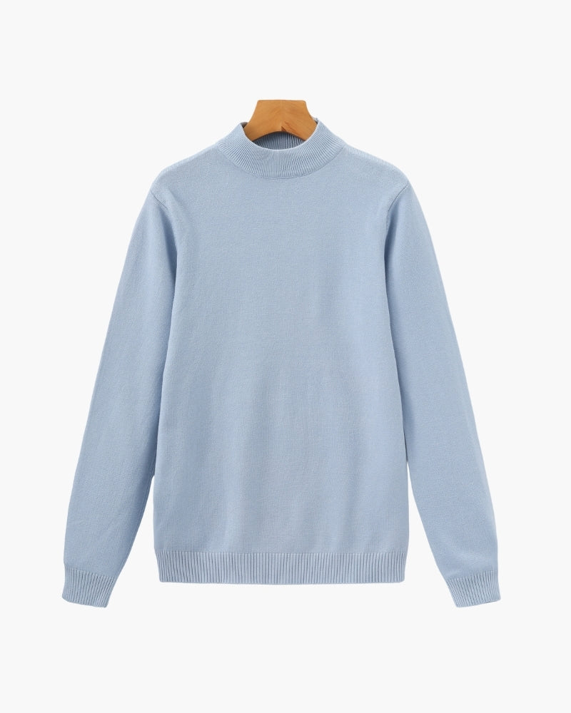 Men's Fine Rib Mock Neck Jumper with Slim Fit and Long Sleeves - Sky Blue