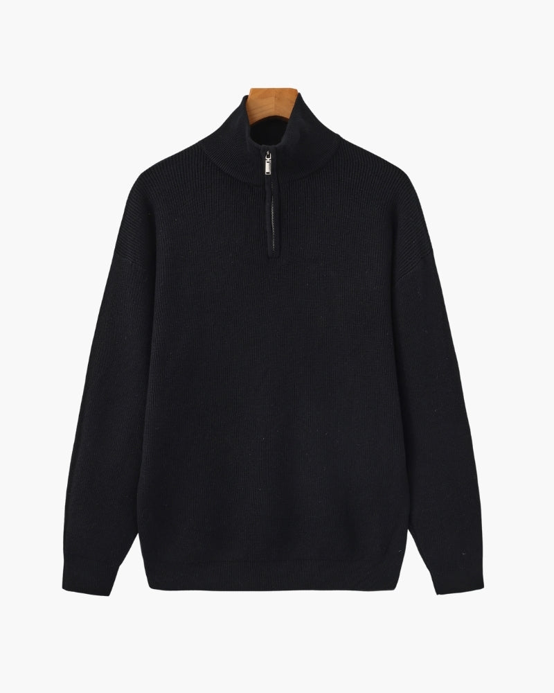 Men's Half-Zip Knit Pullover with Stand Collar and Ribbed Hem - Black