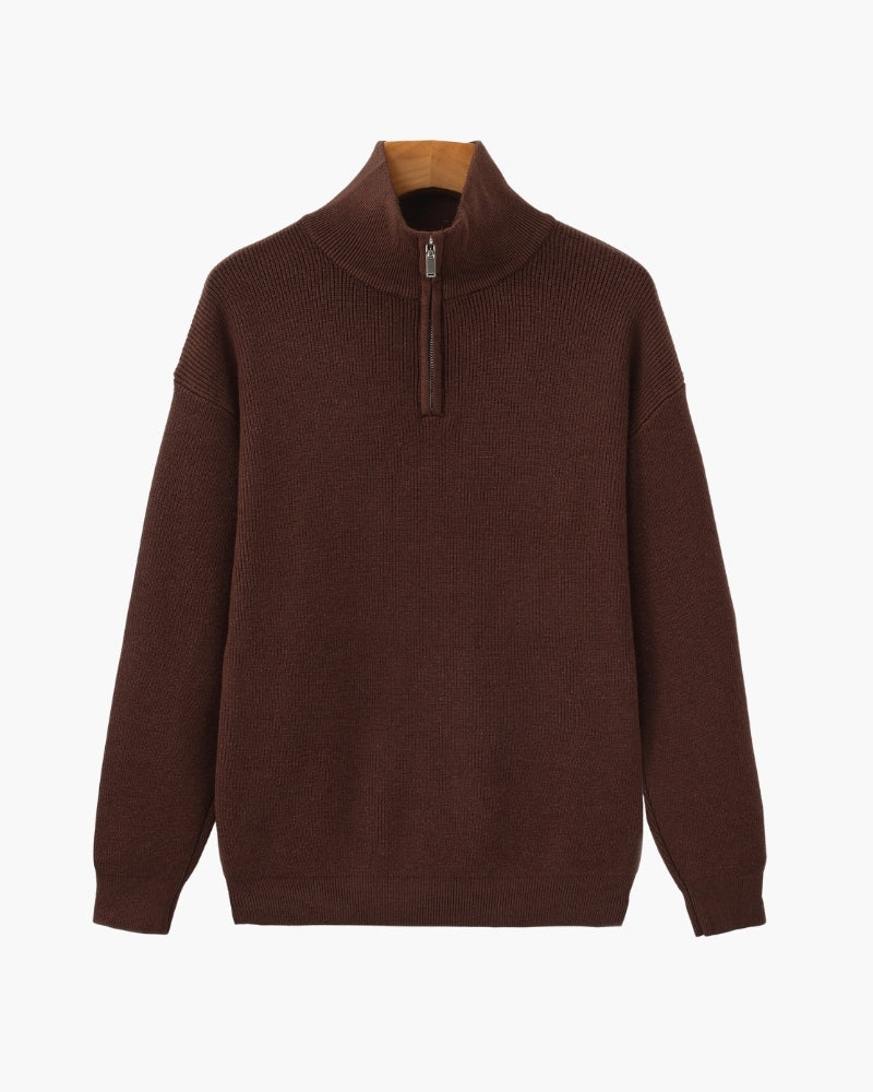 Men's Half-Zip Knit Pullover with Stand Collar and Ribbed Hem - Burgundy