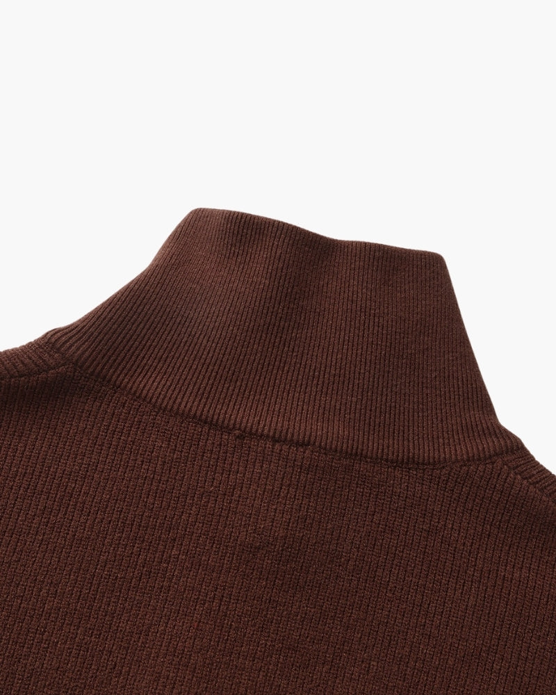Men's Half-Zip Knit Pullover with Stand Collar and Ribbed Hem