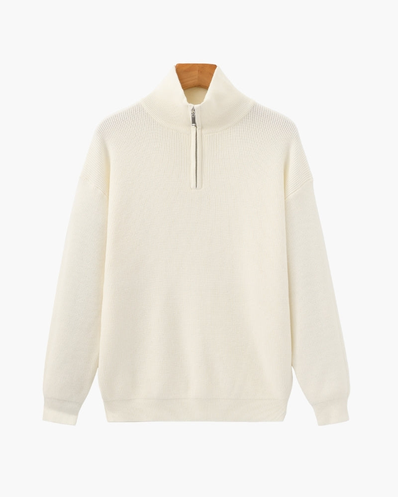 Men's Half-Zip Knit Pullover with Stand Collar and Ribbed Hem - Ivory
