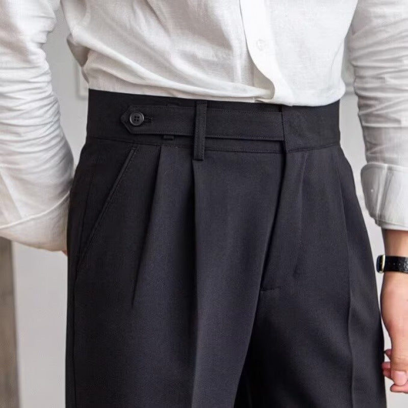 Men's High Waist Pleated Trousers with Tapered Leg