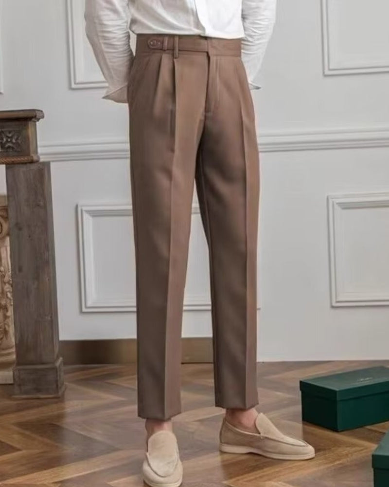 Men's High Waist Pleated Trousers with Tapered Leg