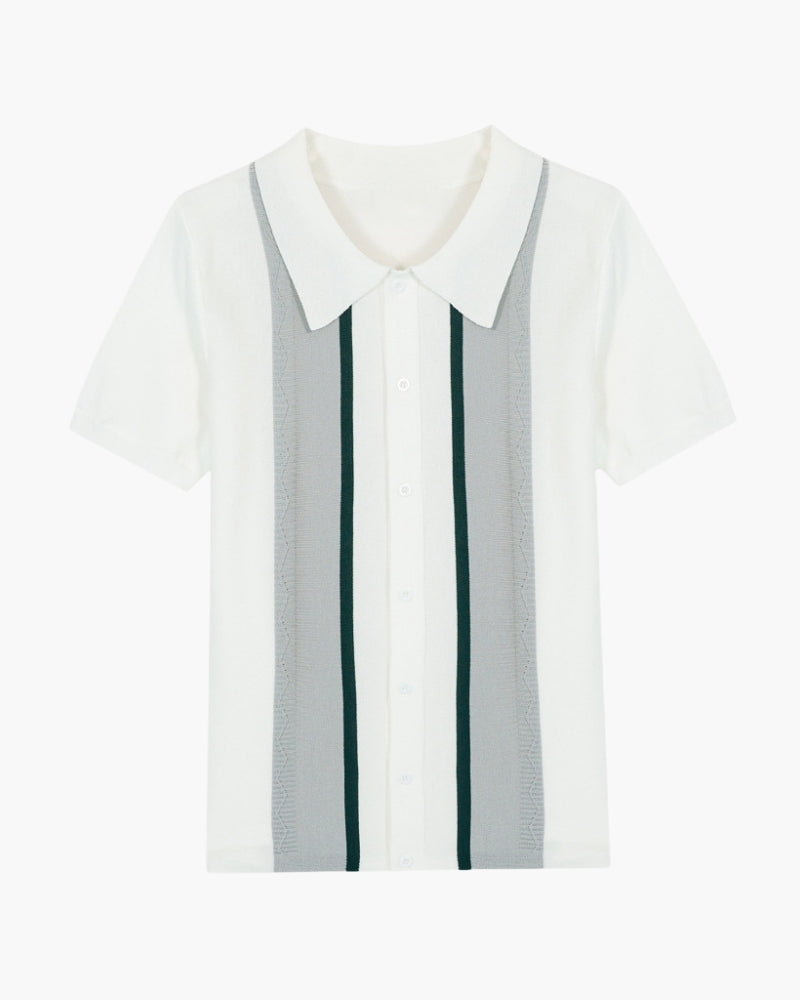 Men's Knit Polo with Vertical Stripe Panels and Button Placket