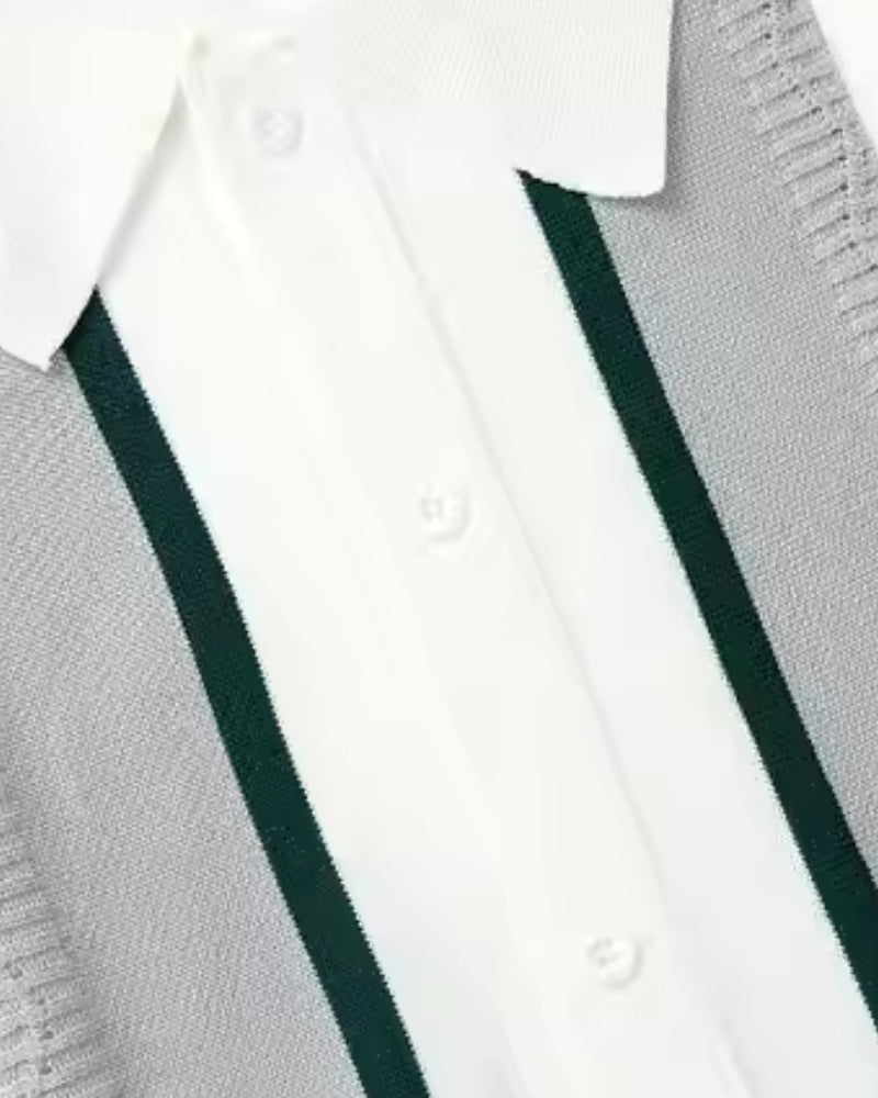 Men's Knit Polo with Vertical Stripe Panels and Button Placket