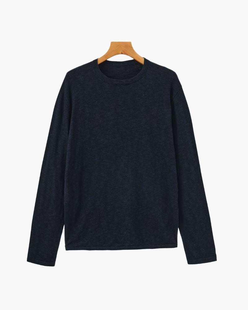 Men's Linen Cotton Long Sleeve Crew Neck Top with Relaxed Fit - Blue