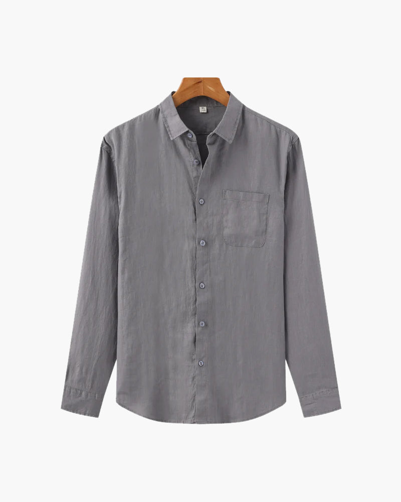 Men's Linen Long Sleeve Shirt with Chest Pocket - Grey