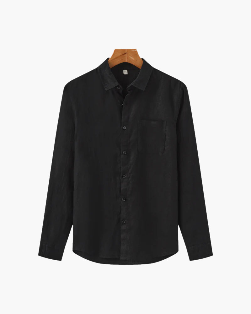 Men's Linen Long Sleeve Shirt with Chest Pocket - Black