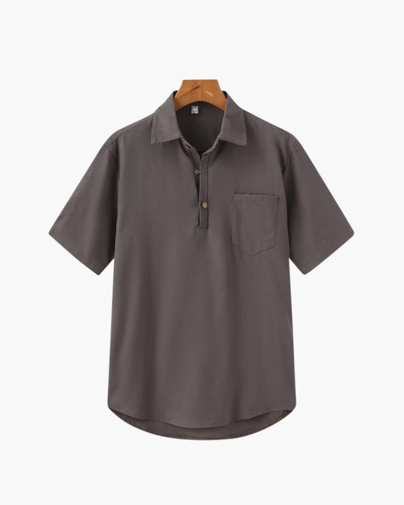 Men's Linen Polo Shirt with Chest Pocket and Short Sleeves - Grey