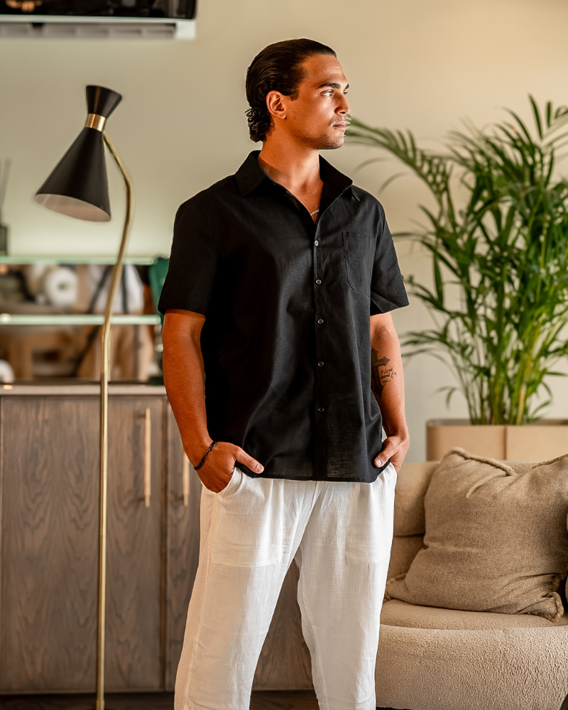 Men's Linen Short Sleeve Shirt with Camp Collar