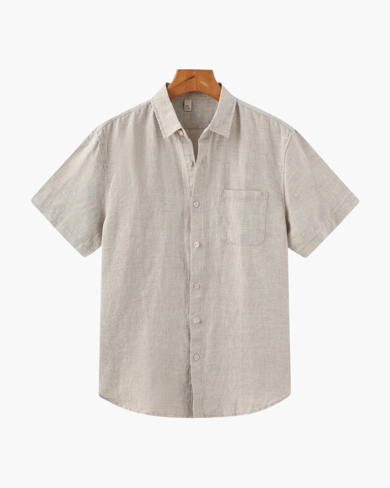 Men's Linen Short Sleeve Shirt with Camp Collar - Beige
