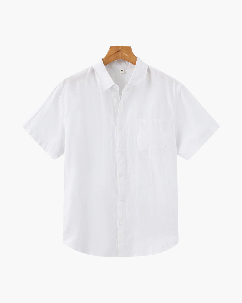 Men's Linen Short Sleeve Shirt with Camp Collar - White
