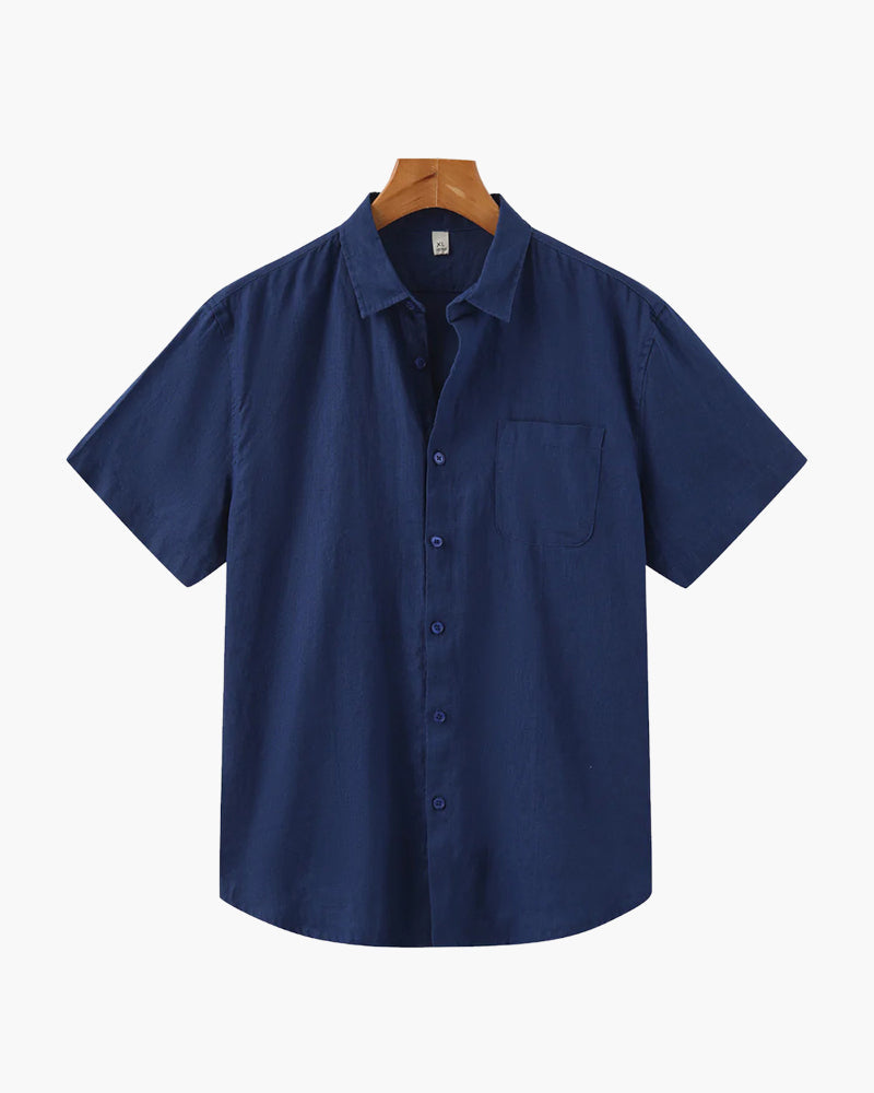 Men's Linen Short Sleeve Shirt with Camp Collar - Blue