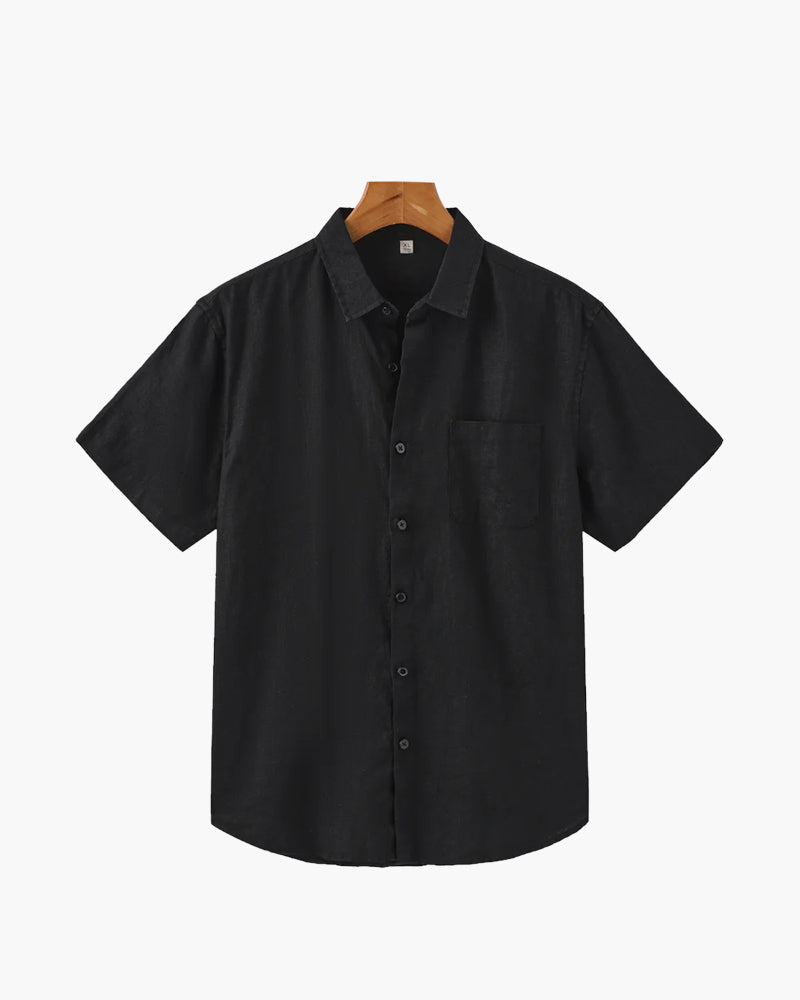 Men's Linen Short Sleeve Shirt with Camp Collar - Black