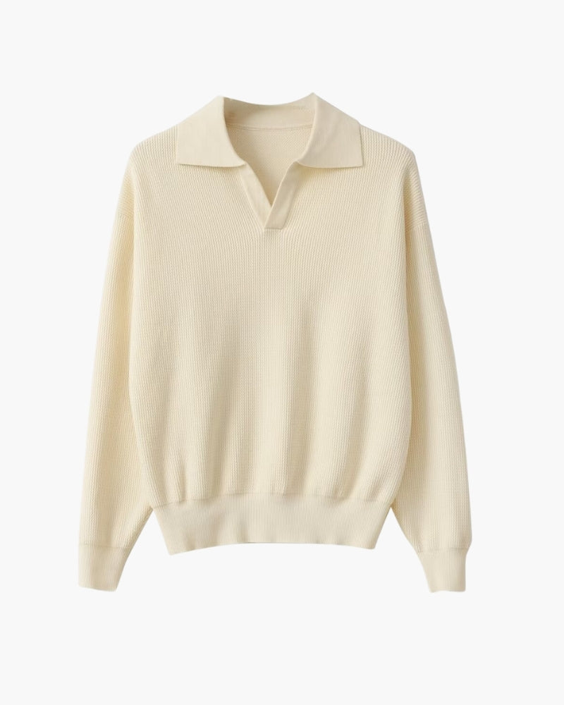 Men's Long Sleeve Knit Polo Jumper with Open Collar - Ivory