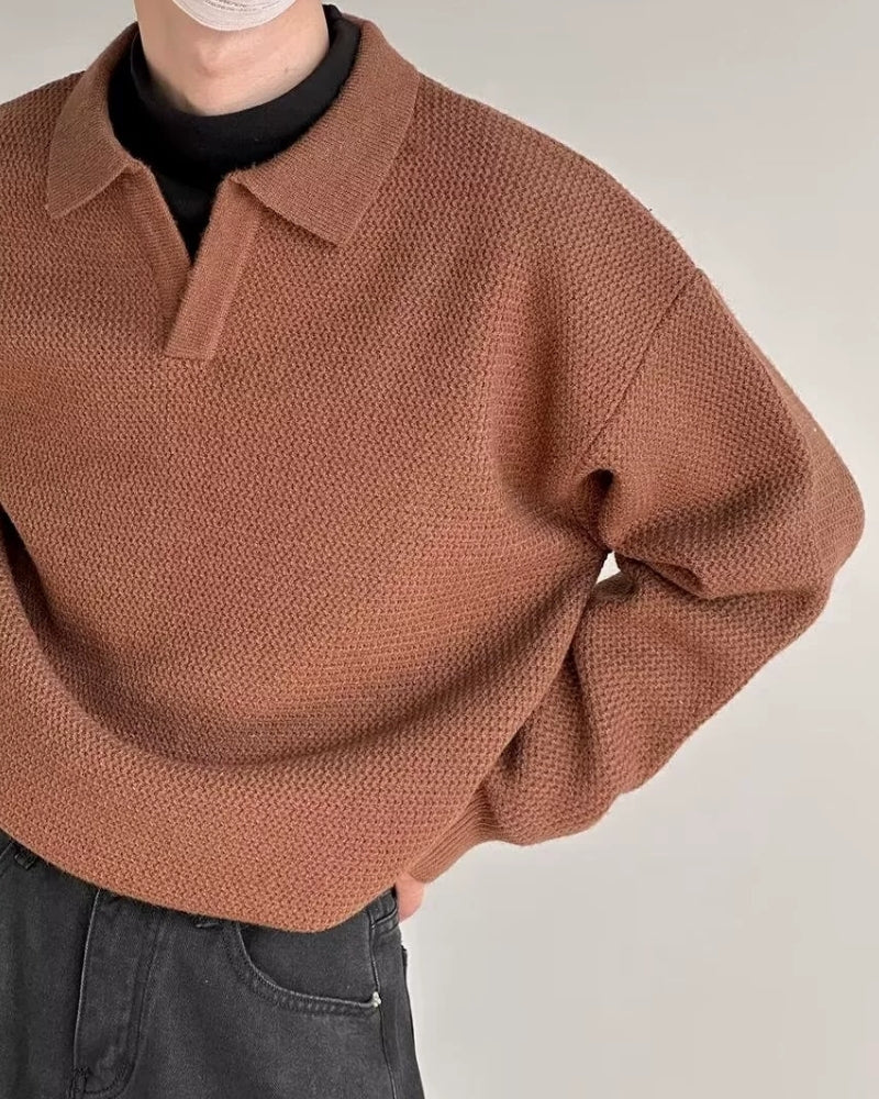Men's Long Sleeve Knit Polo Jumper with Open Collar - Brown