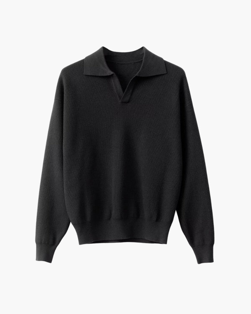 Men's Long Sleeve Knit Polo Jumper with Open Collar - Black