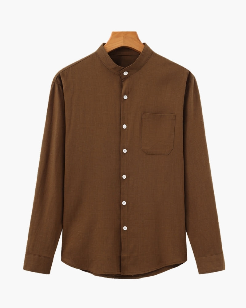 Men's Mandarin Collar Shirt with Relaxed Fit and Long Sleeves - Brown