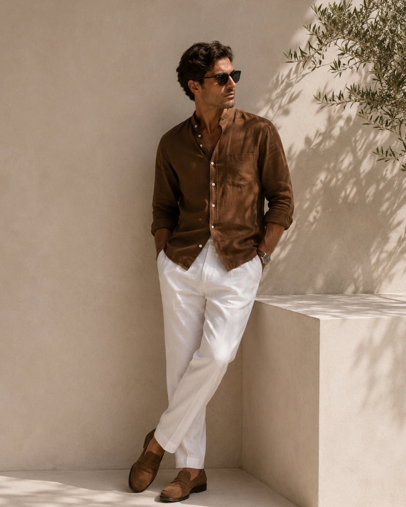 Men's Mandarin Collar Shirt with Relaxed Fit and Long Sleeves