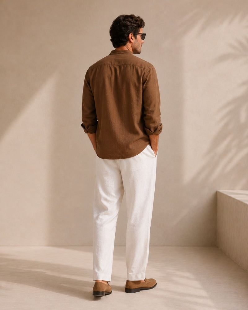 Men's Mandarin Collar Shirt with Relaxed Fit and Long Sleeves