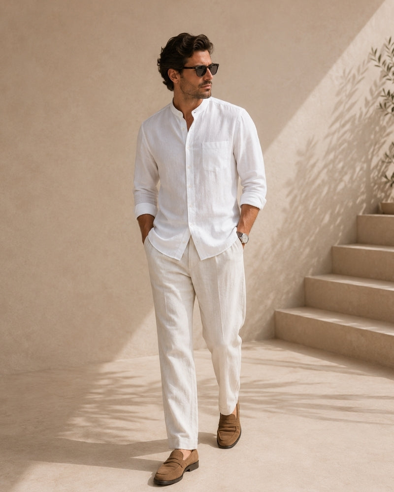 Men's Mandarin Collar Shirt with Relaxed Fit and Long Sleeves