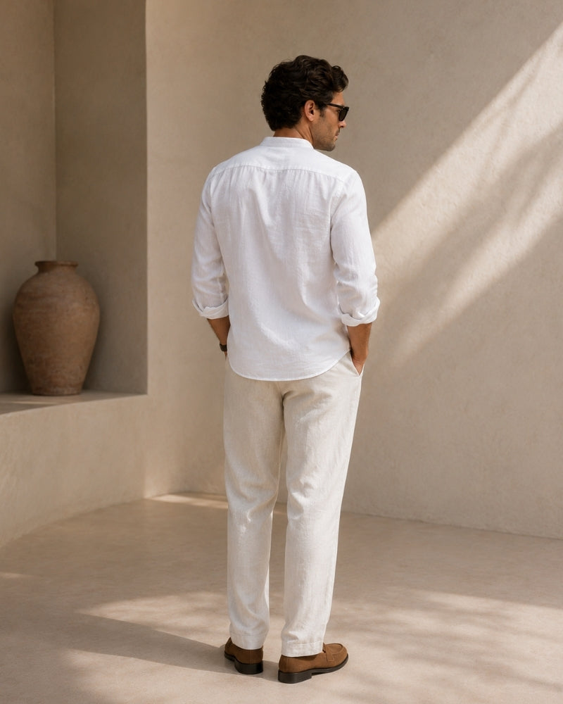 Men's Mandarin Collar Shirt with Relaxed Fit and Long Sleeves